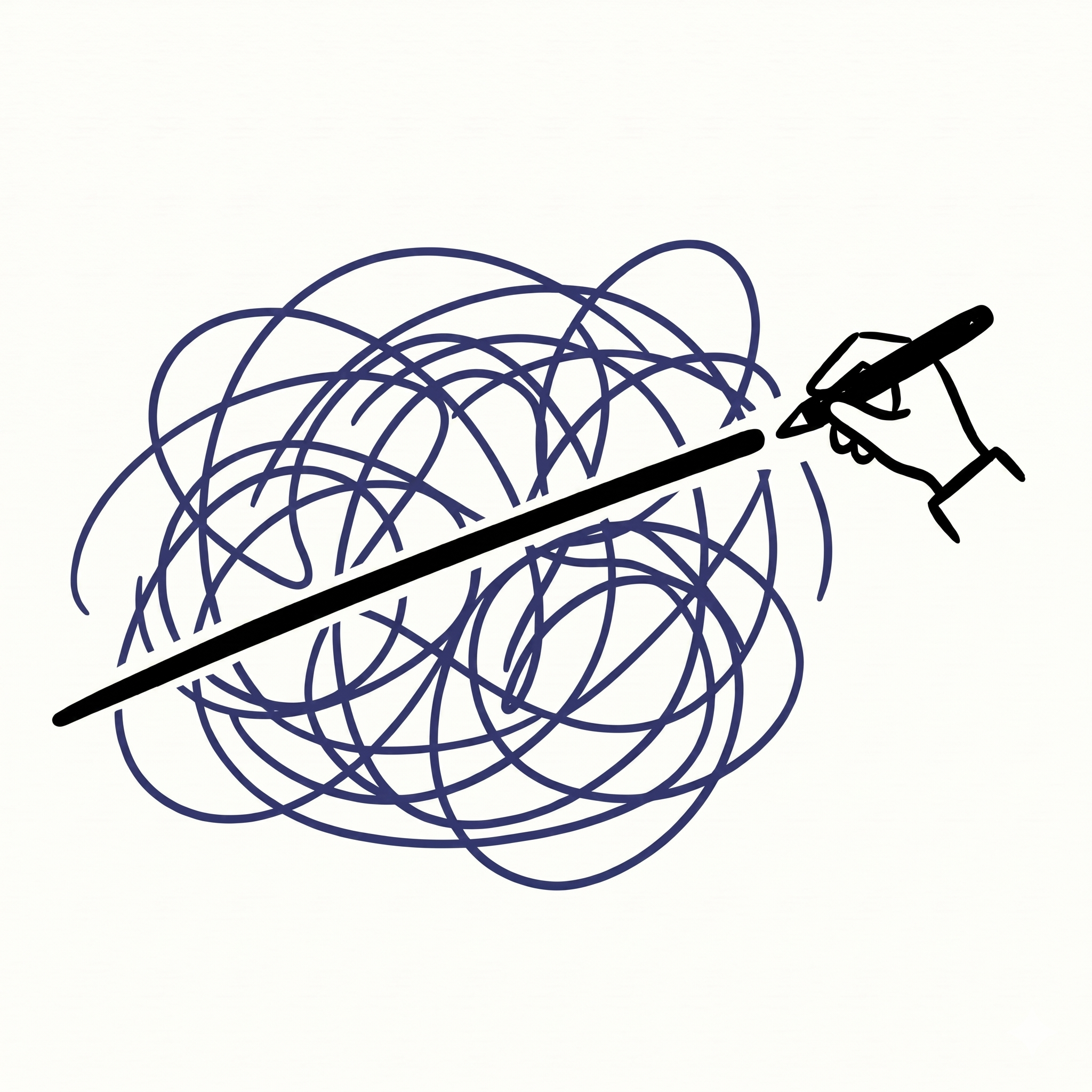 A hand drawing a bold line through chaotic scribbles — the direct path